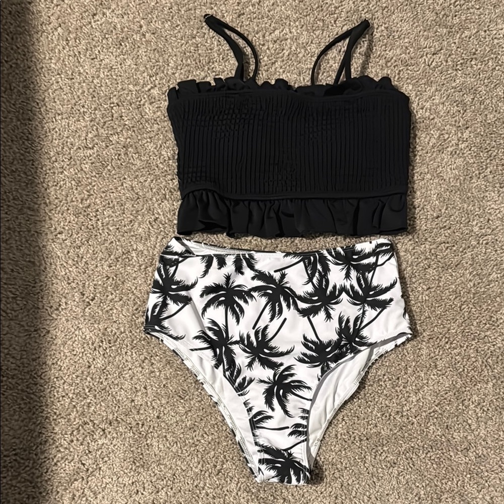 Black Ruffle Bikini Top with Palm Print Bottoms
